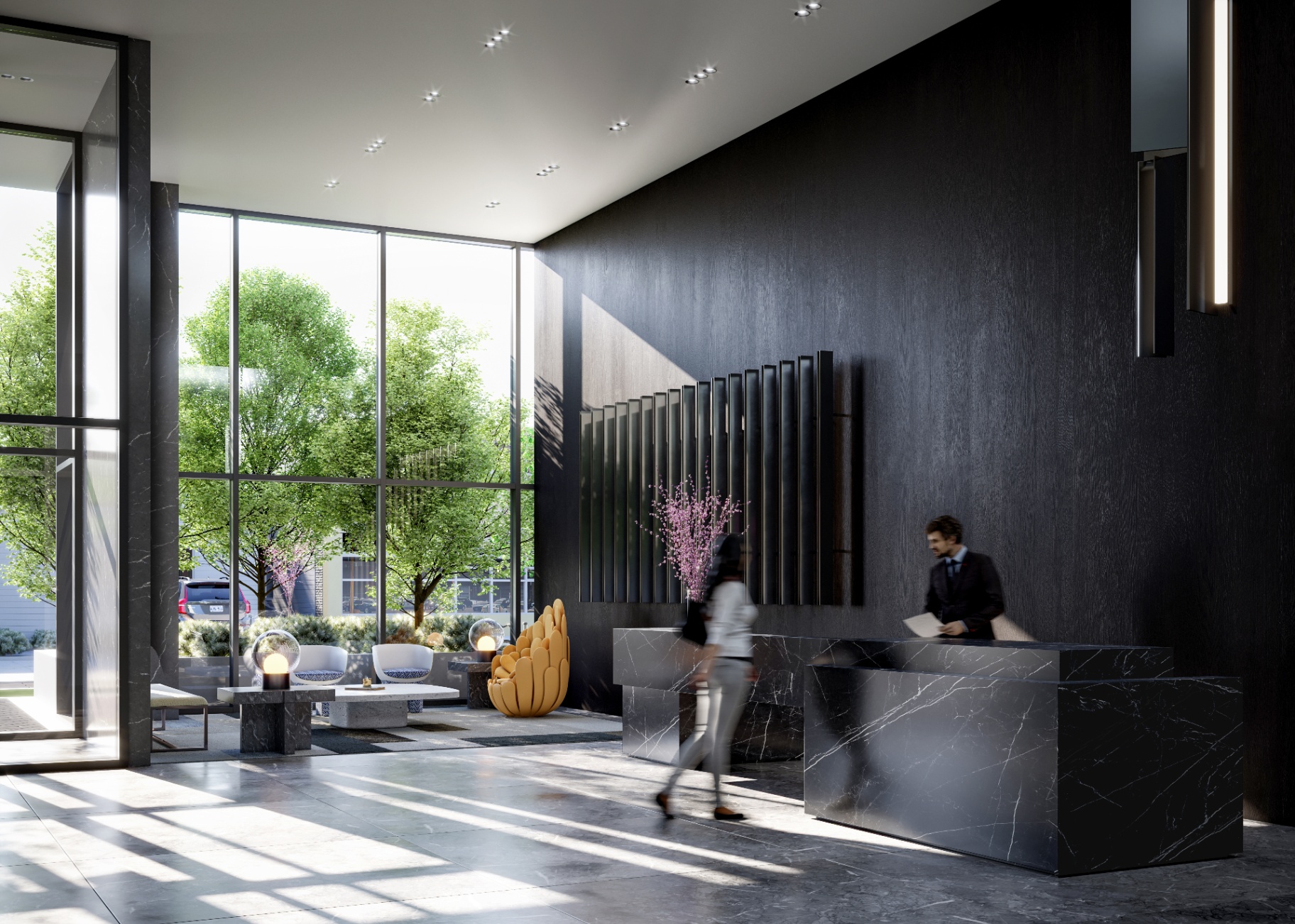 Lobby I — dark reception hall with Nero marble pillar and blue art wall