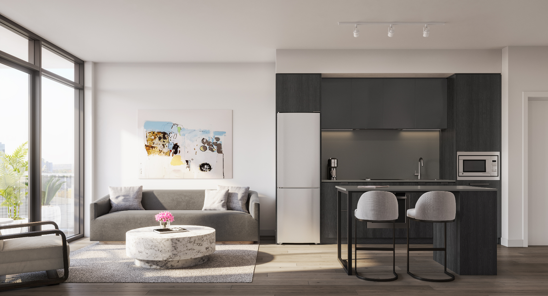 Dark Scheme · Island — Design District Condos Hamilton at 41 Wilson St W. Charcoal cabinetry with matte-black hardware.