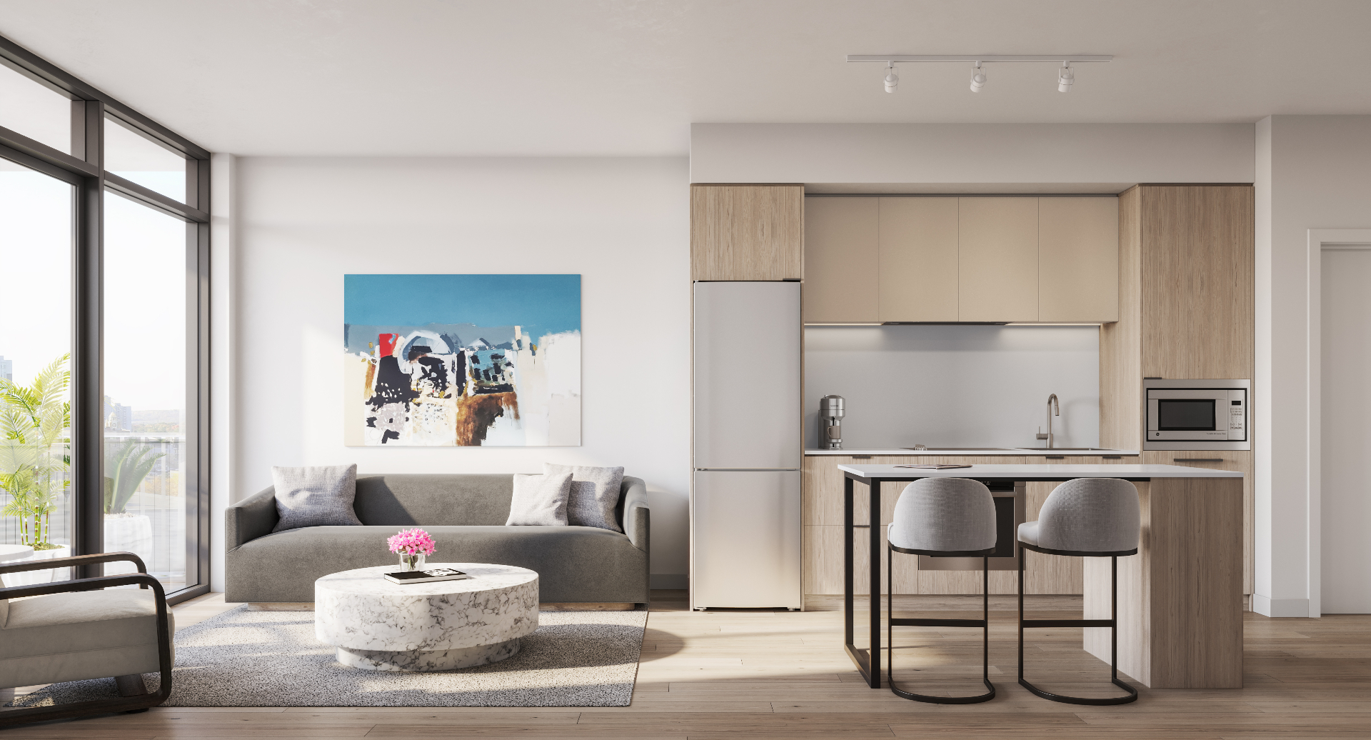 Kitchen rendering showing composite quartz waterfall island and light oak cabinetry