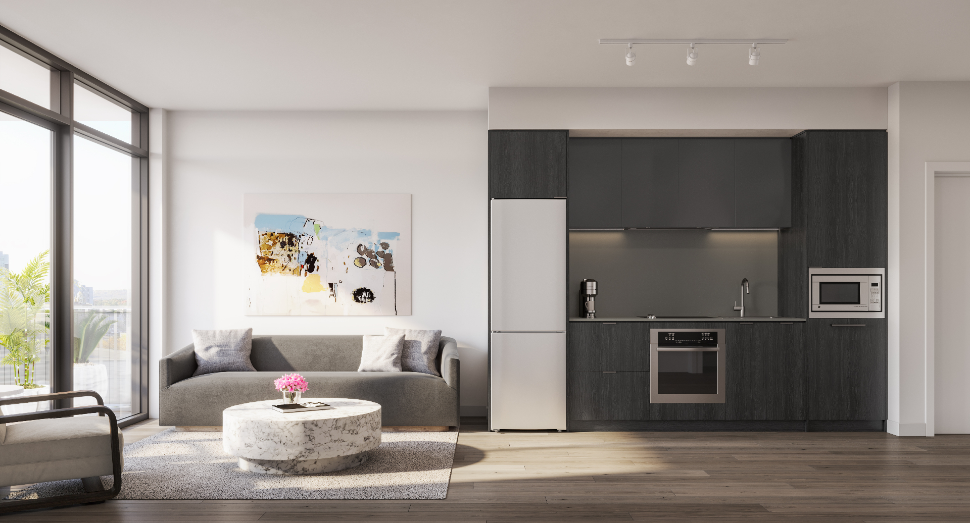 Bathroom-adjacent rendering with custom vanity and full-height ceramic tile detailing